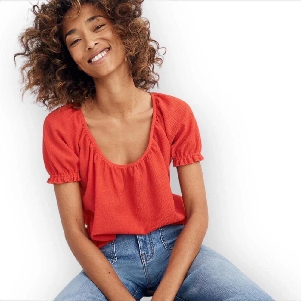 Madewell Texture & Thread Red Peasant Blouse Short Sleeve Ruffle Shirt Tee XS